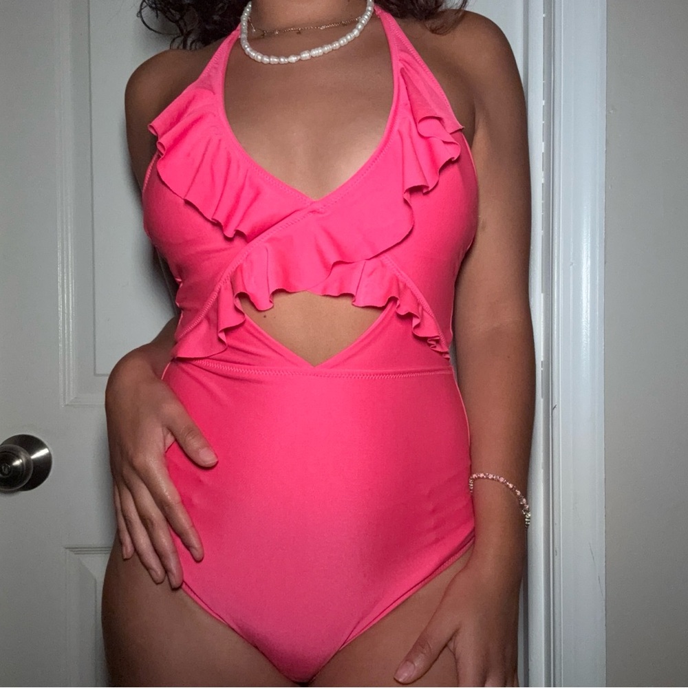 Aerie Ruffle One Piece Swimsuit Bright Pink